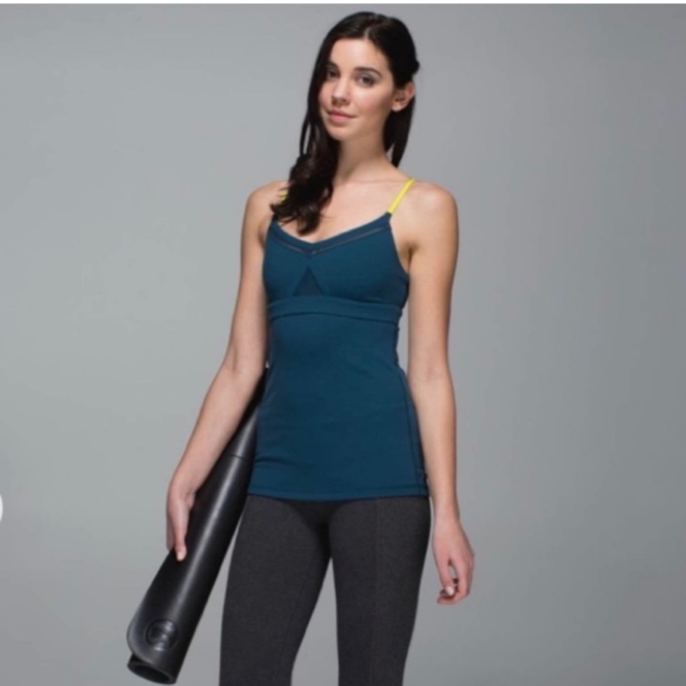 Lululemon Just Breathe Tank Top Criss Cross Back *RARE* Teal / Neon Green 4 NWOT